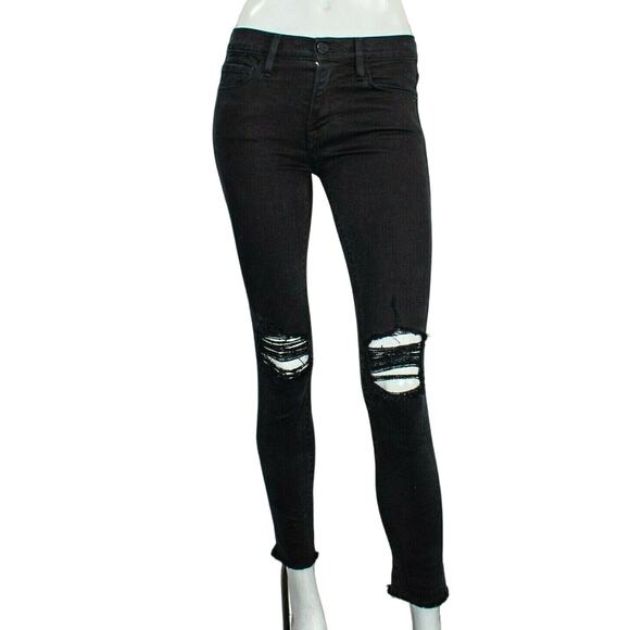 FRAME Denim Women's Le Skinny de Jeanne in Ashland Black Ripped knee sz 24 - Picture 1 of 8